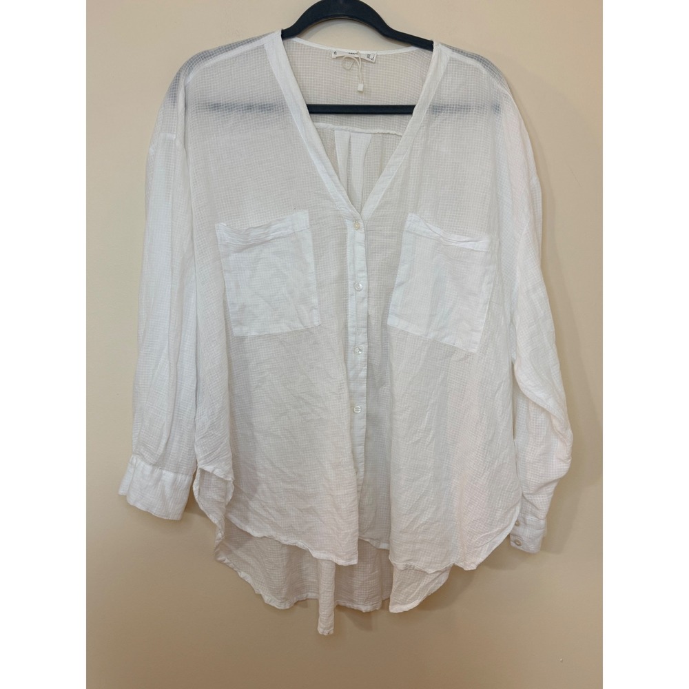 Mango MNG White Cotton Gauze Button Down Shirt Oversized V-Neck Pocket Top Large